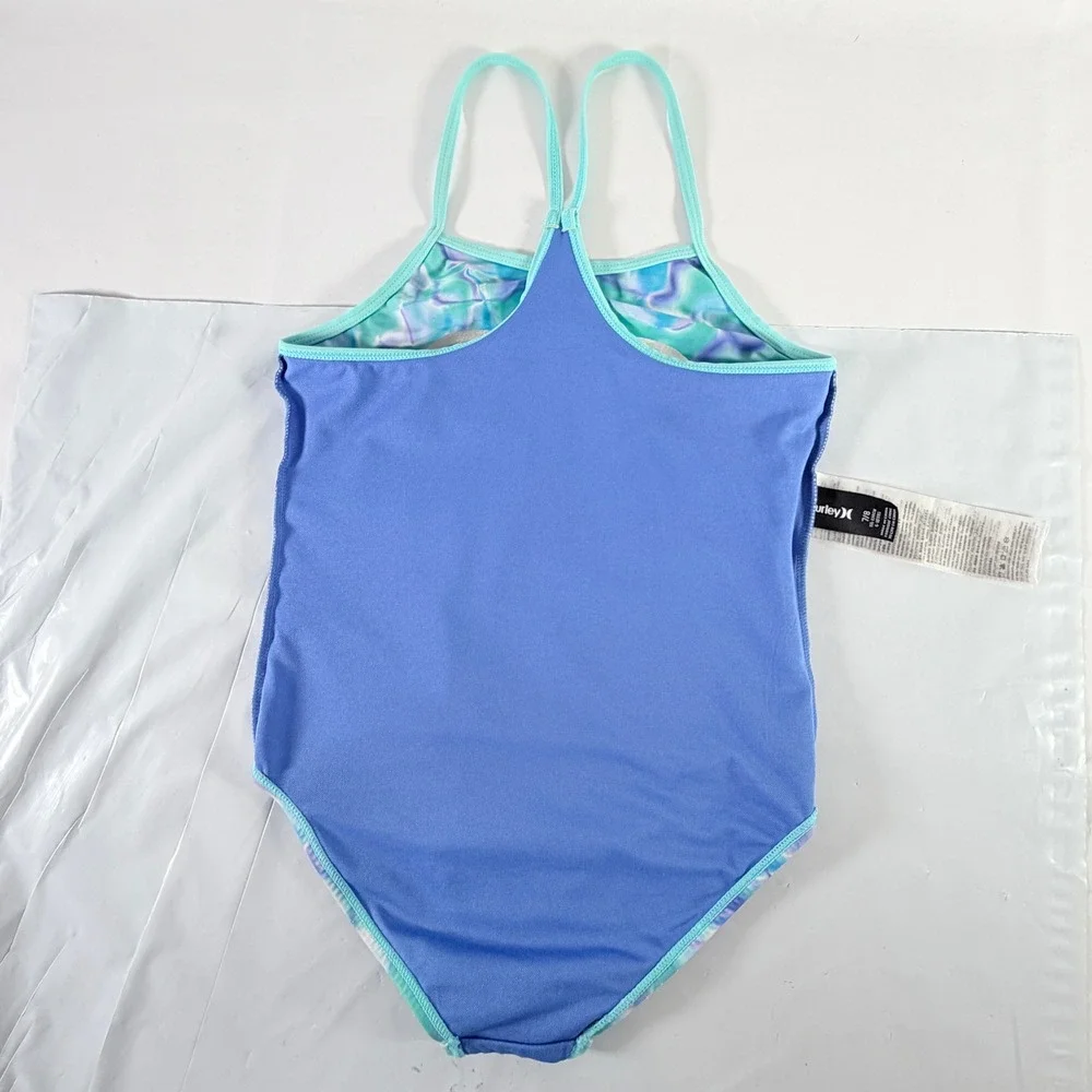 Hurley Girls Tie Dye One‎ Piece Swimsuit Silver Heart Logo Size 7/8 Blue Green